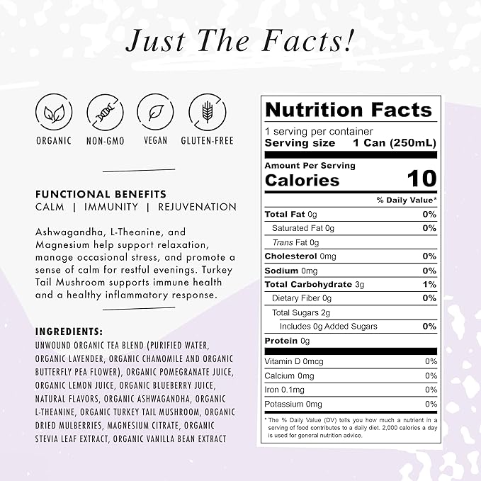 NA Non-Alcoholic Functional Adaptogen Drinks with Ashwagandha, Mushrooms and Magnesium for Calming | Low Sugar, Low Calorie Social Tonic | Lavender Tea & Blueberry, 8.4oz Cans (12 Pack)