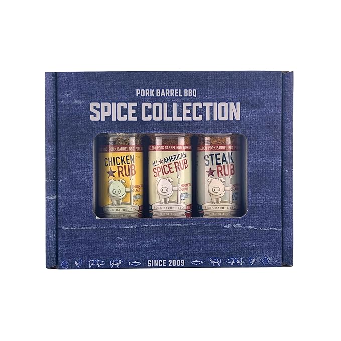Pork Barrel BBQ Spice Collection Gift Pack | Gifts for Men| 3.8 oz All American Spice, 4.5 oz Steak and 3 oz Chicken, All Purpose BBQ Rub - No MSG, Gluten-Free, Zero Calorie