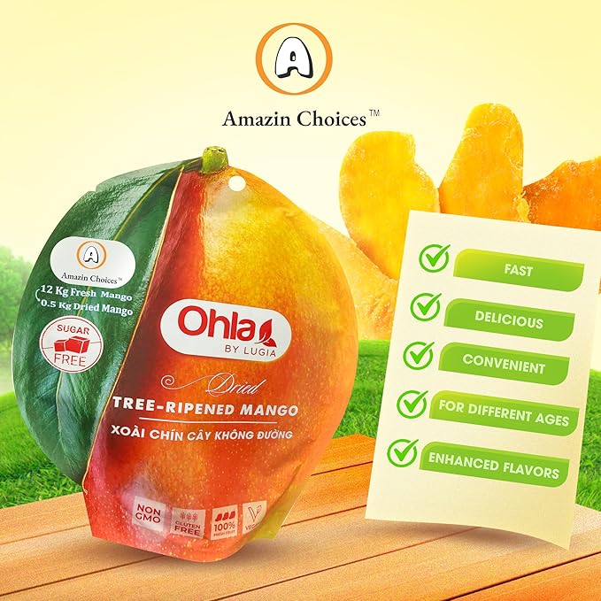 Dried Tree-Ripened Mango 7.05 Oz Pack - Premium Dried Mango Strips, Unsweetened, Non-GMO, Vegan, Gluten Free, Sugar-Free Fruit Slices for Delicious Snacking by Amazin Choices. Snack Viet Mangoes Slices
