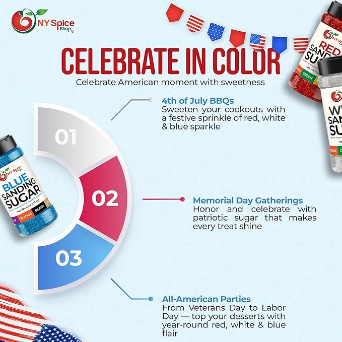 NY Spice Shop Red-White-Blue Sanding Sugar - Sweet Colorful Edible Sprinkles for Candy Dishes, Cake Decorating, and Dessert Displays - 4 Ounce (Pack of 3)