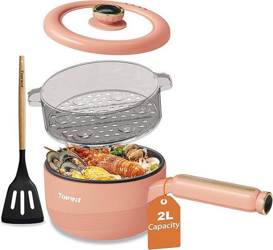 TOPWIT Hot Pot Electric with Steamer, ?윇?릩 Electric Pot, Non-Stick Portable Cooker, Portable Pot, Saut챕 Pan for Steak, Egg, Ramen, Soup with Dual Power Control (Silicone Spatula Included), Peach