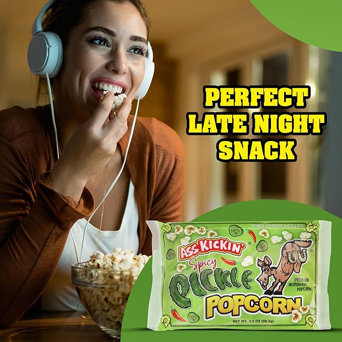ASS KICKIN' Spicy Pickle Microwave Popcorn Bags - 6 Pack - Ultimate Spicy Pickle Gourmet Popcorn Gift - Makes a Great Movie Theater Popcorn or Snack Food for Movie Night (6)