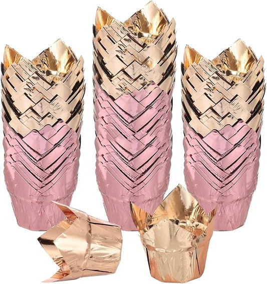uxcell 100 Pcs Tulip Cupcake Liners, Muffins Liners Aluminum Foil Cupcake Wrappers Baking Cups Muffins Liners for Wedding Birthday Party Supplies, Champagne Gold/Rose Gold