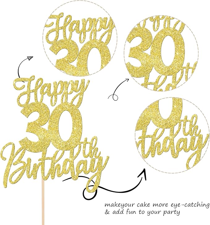 1 PCS Happy 30th Birthday Cake Topper Glitter Cheers to 30 Years Birthday Cake Pick Thirty Hello 30 Fabulous Cake Decoration for Happy 30th Birthday Anniversary Party Decorations Supplies Gold