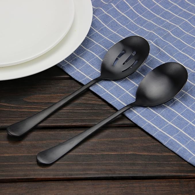 Serving Spoons Set, Black Stainless Steel, 8.7 Inch, Slotted and Solid Serving Utensils for Party Buffet Dinner Banquet Cooking Kitchen Basics, Mirror Finish Flatware, 4 Piece