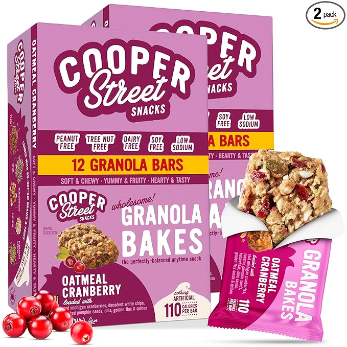 Cooper Street Oatmeal Cranberry Granola Bakes (24 pack) - Individually Wrapped Soft and Chewy Breakfast Granola Bars - Nut, Dairy & Soy Free - Great As Kids Snacks For School, Hiking Or Lunchbreak