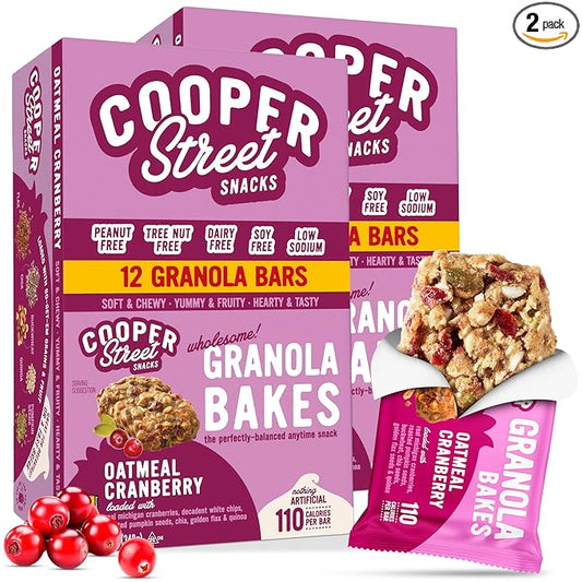 Cooper Street Oatmeal Cranberry Granola Bakes (24 pack) - Individually Wrapped Soft and Chewy Breakfast Granola Bars - Nut, Dairy & Soy Free - Great As Kids Snacks For School, Hiking Or Lunchbreak
