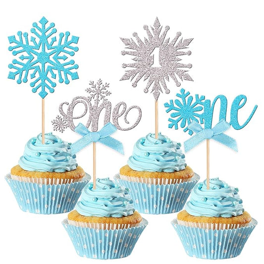 24 PCS Snowflake One Cupcake Toppers with Glitter Bow First Birthday Snowflake Cupcake Picks for Winter Onederland Theme Baby Shower Kids 1st Birthday Party Cake Decorations Supplies Silver Blue