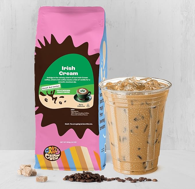 Crazy Cups Decaf Flavored Ground Coffee, Decaffeinated Irish Cream Coffee in 10 oz Bag, For Brewing Hot or Iced