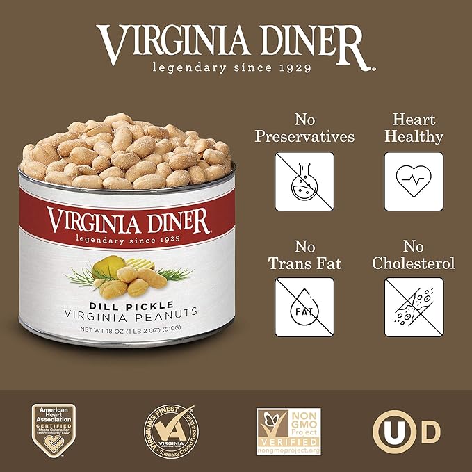 Virginia Diner Dill Pickle Virginia Peanuts - Gourmet Pickled Peanuts Non-GMO, Preservative Free from Virginia Since 1929-18 Oz Can