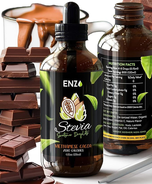 Enzo Liquid Stevia Drops Our Zero Calories Sweetener (4oz - 800 Servings/Bottle) - Chocolate - All Natural flavoring with No Artificial Additives & Filler Ingredient