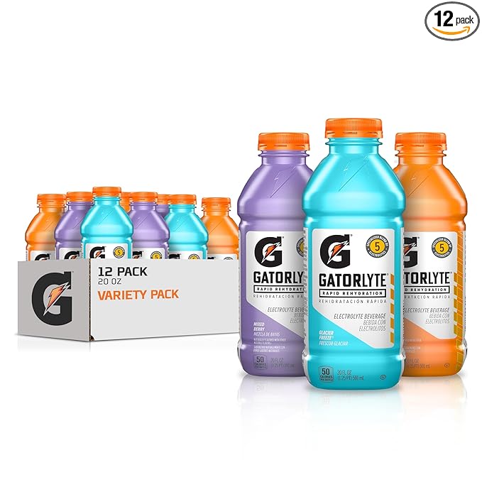 Gatorlyte Rapid Rehydration Electrolyte Drink, 3 Flavor Variety Pack 2.0, Specialized Blend of 5 Electrolytes, Lower Sugar, No Artificial Sweeteners, No Artificial Flavors, 20 fl oz Bottles (12 Pack)