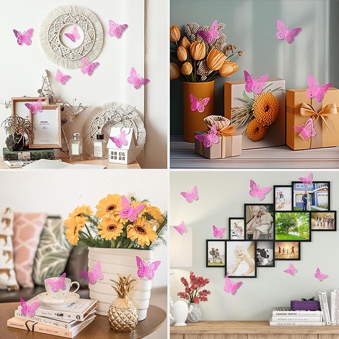 72 Pcs Butterfly Decorations, 3 Sizes 3 Styles Wall Decor, Party and Birthday Decorations, Pinkish Purple