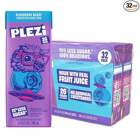 PLEZi Fruit Juice Boxes For Kids, Blueberry Blast ??Low Sugar Drinks with Dietary Fiber, Healthy Vitamin C, and Potassium Electrolytes ??6.75 Fl Oz (Pack of 32)