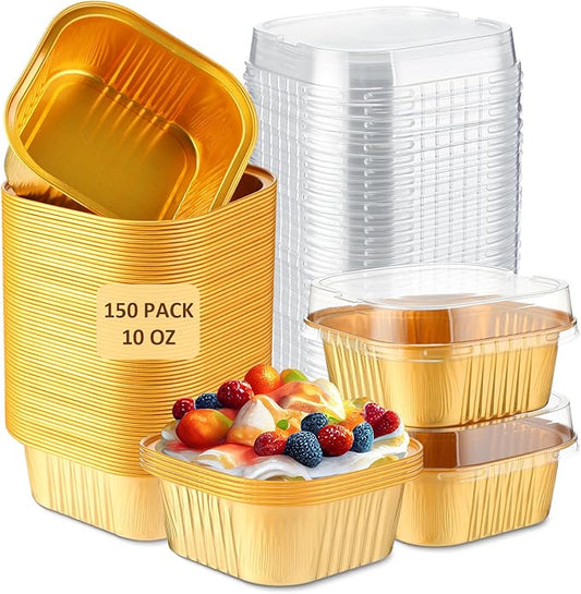 Aoriher 150 Pieces 10 oz Mini Cake Pans with Lids Aluminum Foil Baking Cups Square Disposable 4" x 4" Large Cupcake Cups Baking Tins for Kitchen Brownie Pudding Desserts Holders(Gold)