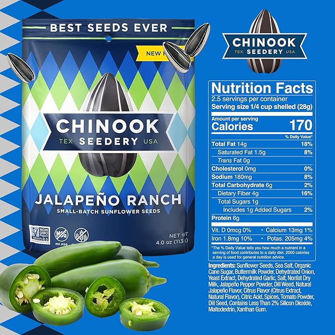 Chinook Seedery Roasted Jumbo Sunflower Seeds - Keto Snacks, Gluten-Free, Non-GMO, Jalapeno Ranch 4 oz (12-Pack)