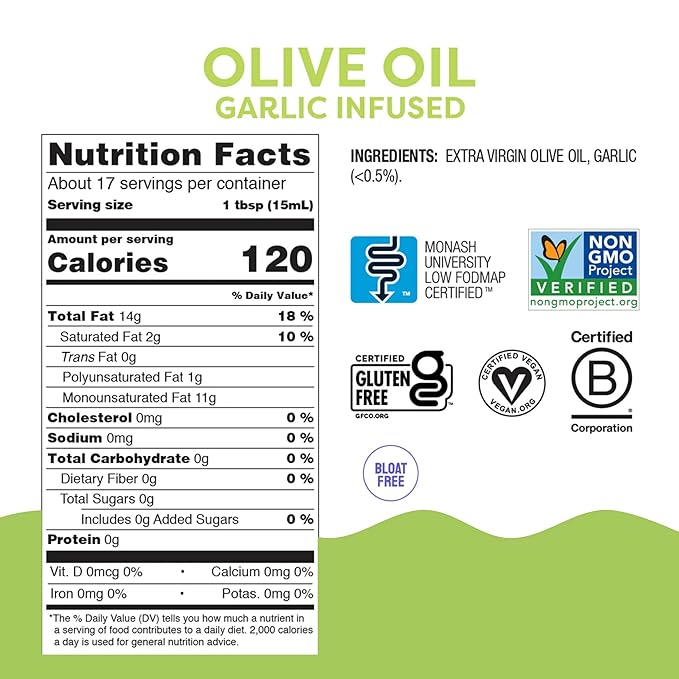 Fody Foods Garlic Infused Extra Virgin Olive Oil, 8.45 Oz, Low FODMAP Certified, Gut & IBS Friendly, Cold-Pressed, Vegan, Non-GMO, Gluten Free, Made in Italy
