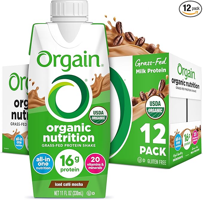 Orgain Organic Nutritional Shake, Iced Cafe Mocha - 16g Protein, 20 Vitamins & Minerals, Gluten Free, Soy Free, Kosher, Non-GMO, 11 Ounce, 12 Count (Packaging May Vary)