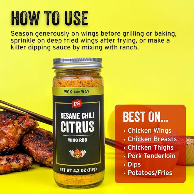 PS Seasoning Sesame Chili Citrus Wing Rub - Zesty Korean Seasoning Dust with Sesame, Gochugaru Chili, Citrus - Chicken Wing Dry Rub & Topping for Poultry, Turkey, Pork, Veggies, Popcorn & Dips, 4.2oz