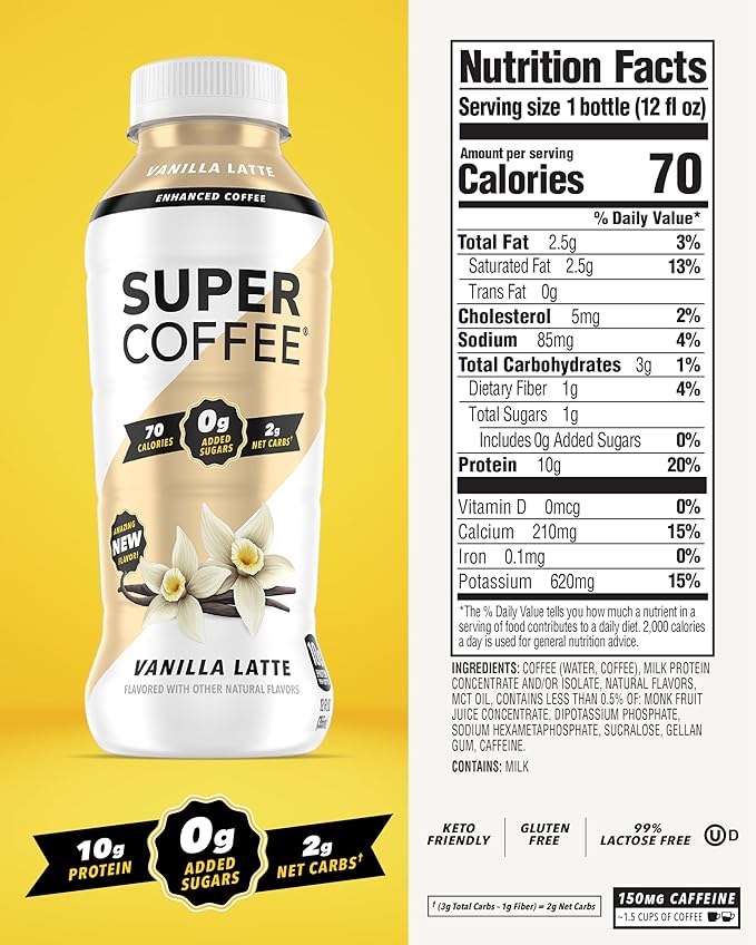 Super Coffee, Ready To Drink Iced Coffee, Vanilla Latte (12 Ounce Bottles, Pack of 12) - Low Net Carbs, No Added Sugar, Keto Friendly, 10g of Protein, Low Calorie, Protein Coffee
