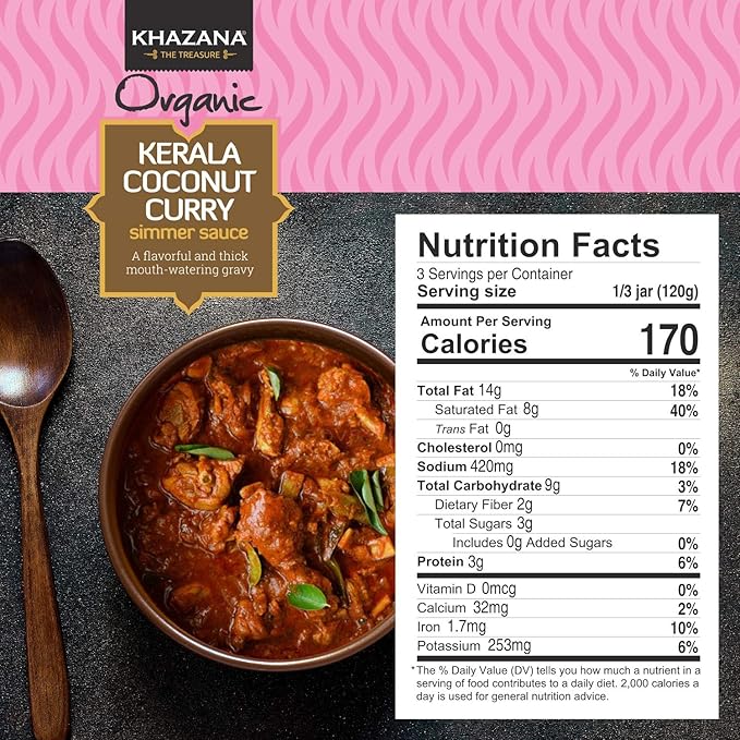 Khazana ORGANIC Kerala Coconut Curry Indian Simmer Sauce - 6 x 12.7oz Jars | Non-GMO, Vegan, Gluten Free, Kosher | Authentic Indian Meals Made Easy at Home!