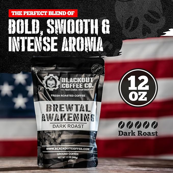 Blackout Coffee Brewtal Awakening Ground Coffee ??Dark Roast, Bold Flavor ??Freshly Roasted 12oz Bag, American Made