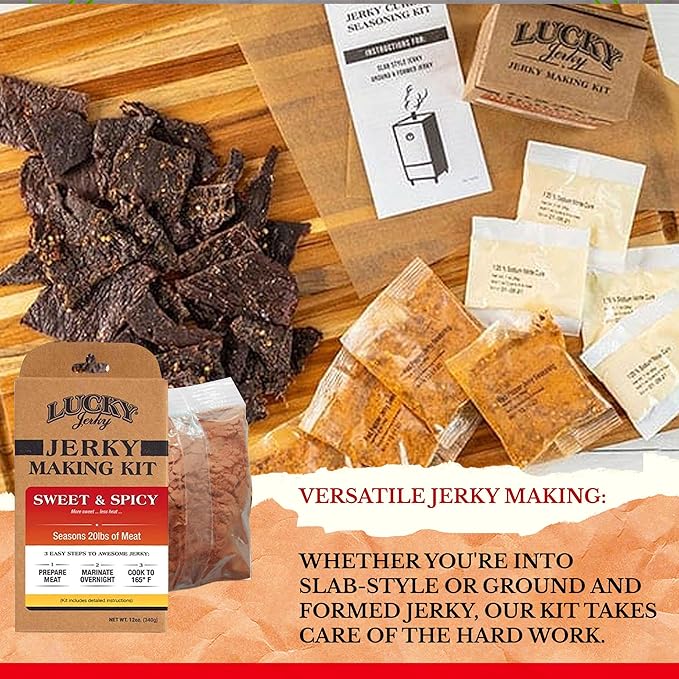Lucky Jerky Sweet & Spicy DIY Jerky Seasoning Kit - Seasons 20lbs of Meat | Easy-to-Use Kit for Homemade Beef Jerky | Create Delicious, Customized Jerky with Teriyaki, Brown Sugar, and Red Pepper Heat