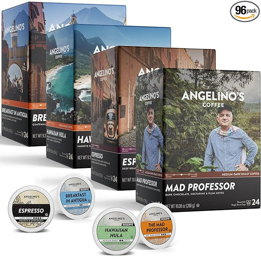 Angelino's Coffee Reserve Collection Coffee Pods Variety Pack, Medium & Dark Roast Coffee K Cups Compatible, 96 Count for Keurig Brewers, Includes Breakfast in Antigua, Hawaiian Hula, Mad Professor, and Espresso