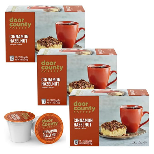 Door County Coffee Cinnamon Hazelnut Flavored Ground | 30 Count Single Serve Cups | Medium Roast | 100% Specialty Arabica | Flavored Gourmet | Cinnamon Hazelnut
