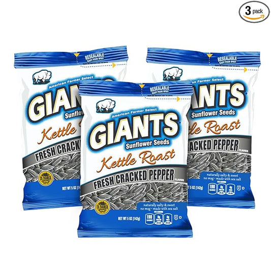 GIANTS Kettle Roast Fresh Cracked Pepper Sunflower Seeds - Sunflower Seeds Bulk, Roasted Sunflower Seeds to Eat, Healthy Snack, 8g Protein Per Serving - 5 oz Resealable Bags (Pack of 3)