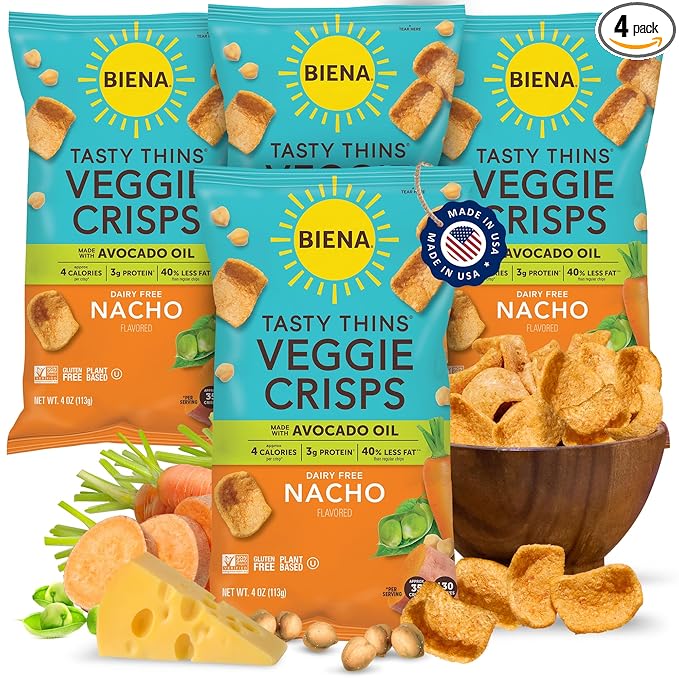 BIENA Tasty Thins Veggie Crisps ??Made with Avocado Oil - Nacho, 4-Pk 4oz Bags ??Chickpeas & Veggies, Vegan, Gluten Free, Dairy-Free, Non-GMO, Allergy-Friendly, Healthy Snacks for Adults & Kids