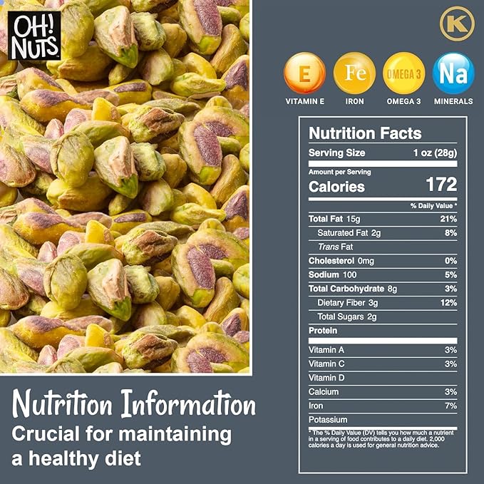 Oh! Nuts Pistachios No Shell - Roasted Salted - 1 lb - Shelled California Pistachios - Packed in New York Zip-Seal Bag for Exceptional Freshness