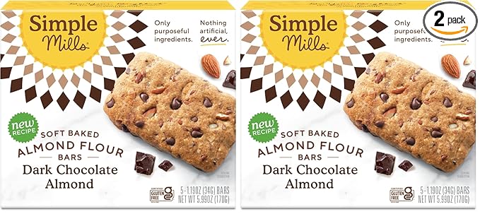 Simple Mills Soft Baked Dark Chocolate Almond Flour Bars, 5 ct, 1.19 oz each (Pack of 2)