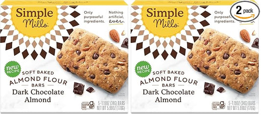 Simple Mills Soft Baked Dark Chocolate Almond Flour Bars, 5 ct, 1.19 oz each (Pack of 2)