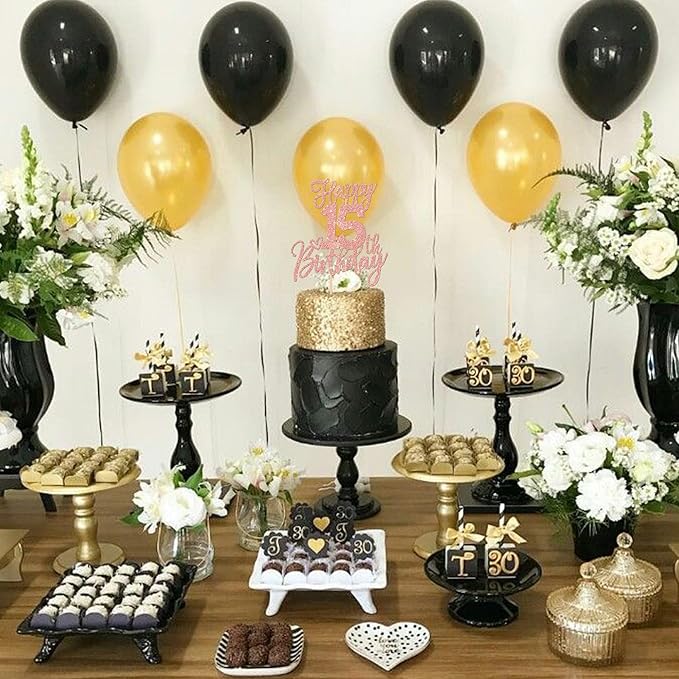 1 PCS Happy 15th Birthday Cake Topper Glitter Cheers to 15 Years Birthday Cake Pick Sweet 15 Fabulous Cake Decorations for Happy 15th Birthday Anniversary Theme Party Supplies Rose Gold