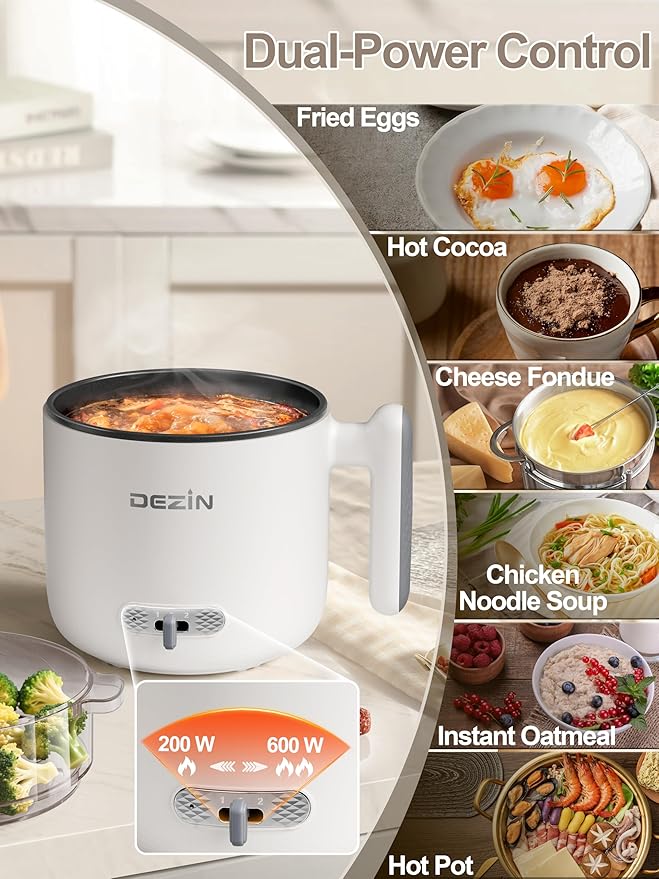 Dezin Hot Pot Electric with Steamer, 1.8L Ramen Cooker Dual Power, Portable Non-Stick Electric Pot for Soup, Pasta, Egg, Oatmeal, Overheat & Boil-Dry Protection, Ideal for Dorm, Office