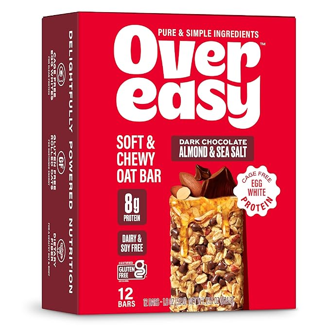 OVER EASY Dark Chocolate Almond Sea Salt Oatmeal Breakfast Bars - Granola and Protein Bars -12 Energy Snack Bars - Clean, Organic, Gluten Free, Dairy Free, Soy Free and Kosher