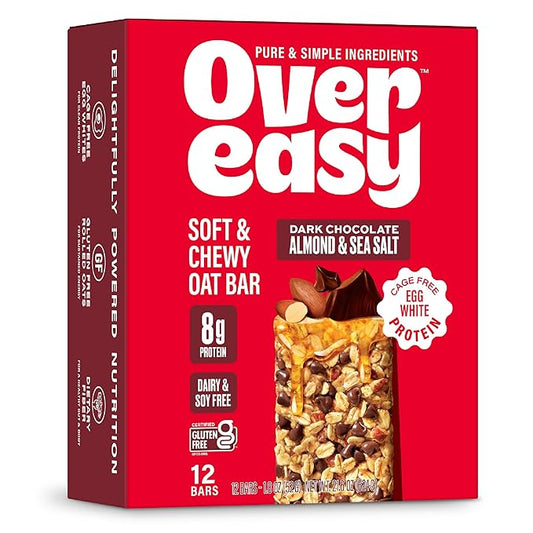 OVER EASY Dark Chocolate Almond Sea Salt Oatmeal Breakfast Bars - Granola and Protein Bars -12 Energy Snack Bars - Clean, Organic, Gluten Free, Dairy Free, Soy Free and Kosher