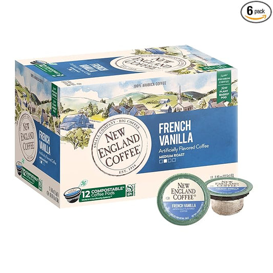 New England Coffee French Vanilla Medium Roast Single Serve Pods, 12ct Box (Pack of 6)