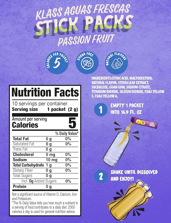 Klass Aguas Frescas | Drink Mix Packets | Passionfruit Flavored | Sugar Free On-The-Go Packets, Low Calorie (40 Count Powder Stick Packs)