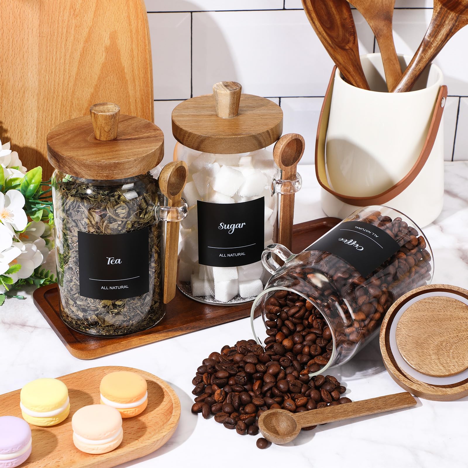 Suclain 3 Pcs Glass Coffee Container Wood Lid, 25 Oz, acacia Brown