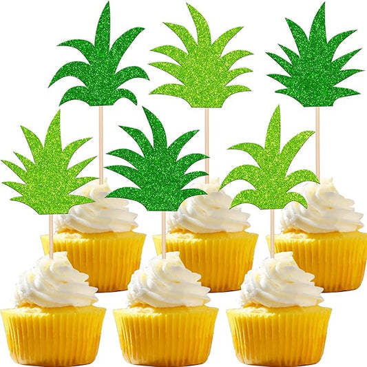 Rsstarxi 30 Pack Pineapple Cupcake Toppers - Green Glitter Donut Pineapple Cute Cupcake Picks - Summer Luau Tropical Hawaiian Cake Decorations for Baby Shower Birthday Party