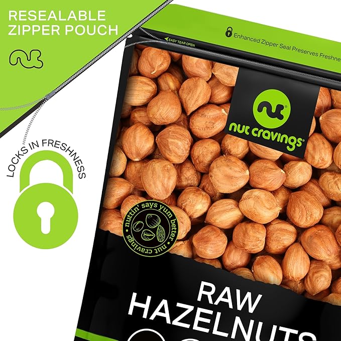 NUT CRAVINGS - Raw Hazelnuts Filberts with Skin - Unsalted, Shelled, (32oz - 2 LB) Bulk Nuts Packed Fresh in Resealable Bag - Kosher Healthy Snack, Food Assortments Ideal for Trail Mixed Nuts