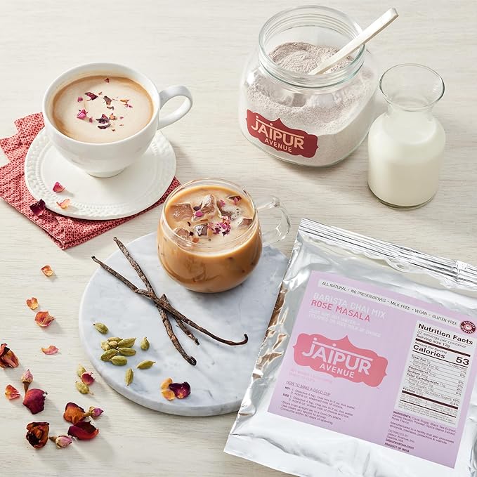 Jaipur Avenue Barista Chai Tea Mix - RoseMasala (without Milk) - Vegan, Preservative-Free, Gluten-Free, Dairy- Free, and Authentic Masala Chai Tea Latte - 13.5 oz, Makes 32 Cups