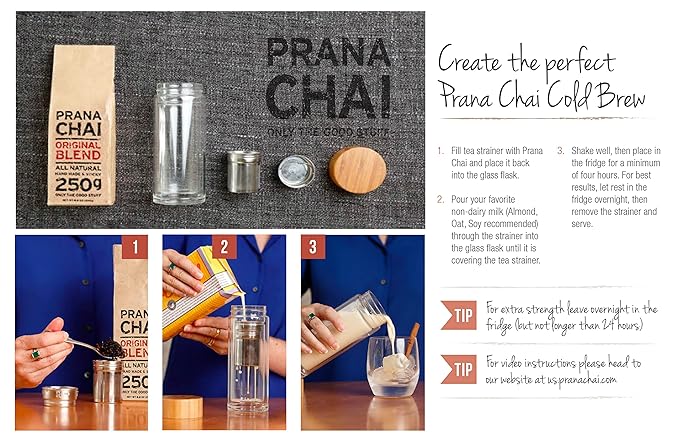 Prana Chai 1 bag chai lovers starter pack including chai teapot, fine mesh strainer and 1 bag of all-natural masala blend. Only the Good Stuff.