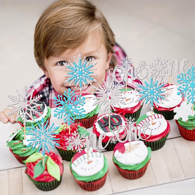 28 PCS One Snowflake Cupcake Toppers Glitter Winter Snowflake 1st Birthday Cupcake Picks First Birthday Snowflake Cake Decorations for Winter Wonderland Theme Baby Shower 1st Birthday Party Supplies