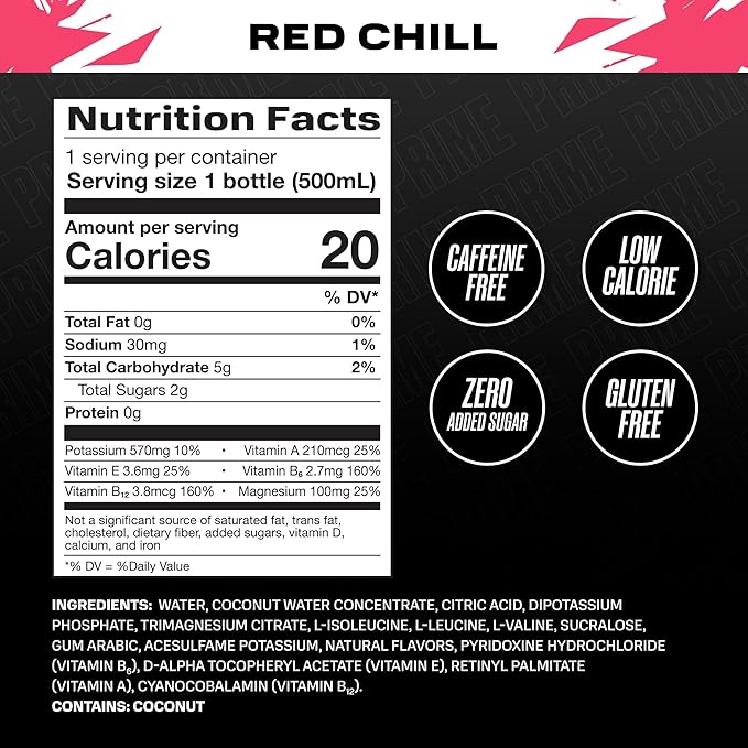 PRIME Hydration ICE RED CHILL, Sports Drinks, Electrolyte Enhanced for Ultimate Hydration, 250mg BCAAs, B Vitamins, Antioxidants, Low Sugar, 16.9 Fl Oz, 12 Pack