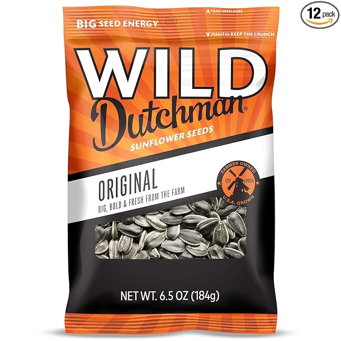 Wild Dutchman Roasted Sunflower Seeds in a Resealable Bag for Ultimate Freshness and an Easy Pour Snack, Salted Original Flavor, 6.5 oz (Pack of 12)