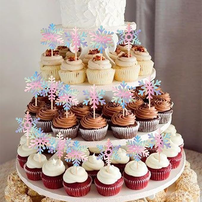 24 PCS Snowflake Cupcake Toppers Glitter Frozen Snowflake Cupcake Picks Winter Wonderland Cake Decorations for Baby Shower Kids Birthday Christmas Party Supplies Silver Colorful