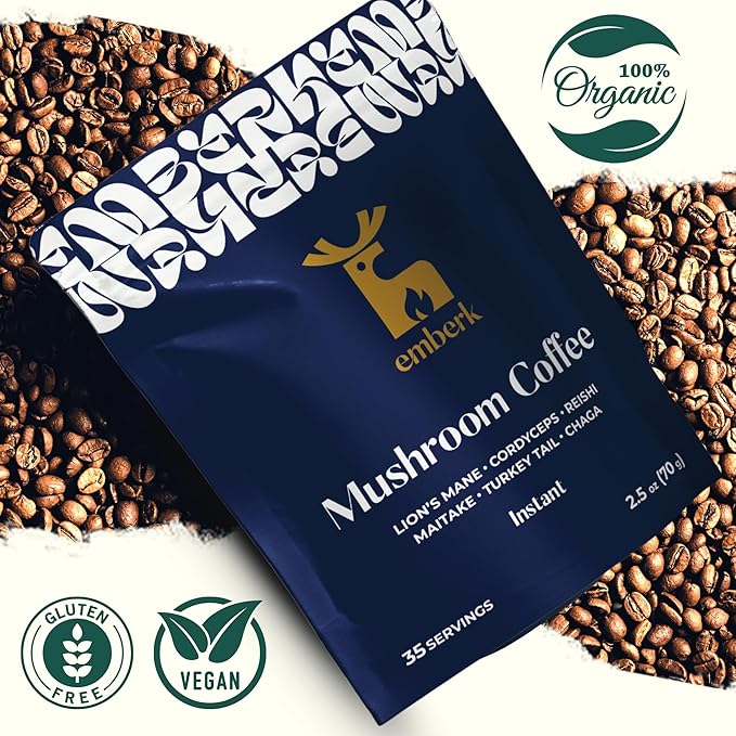 Emberk Organic Instant Mushroom Coffee - 35 Servings of Arabica Coffee with Six 100% Fruiting Body Mushrooms for Mental Clarity, Sustained Energy, Gut Health and Immune Support - 70g